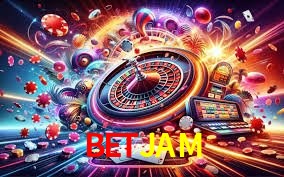Escena dinámica inspirada en casino con iluminación BETJAM, cartas, fichas e íconos de juegos digitales en un espacio moderno de juegos.