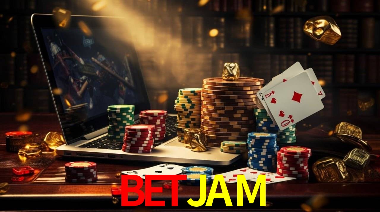 Una escena digital vívida inspirada en casino con BETJAM mostrado prominentemente, luces brillantes, fichas, cartas y acentos dorados.