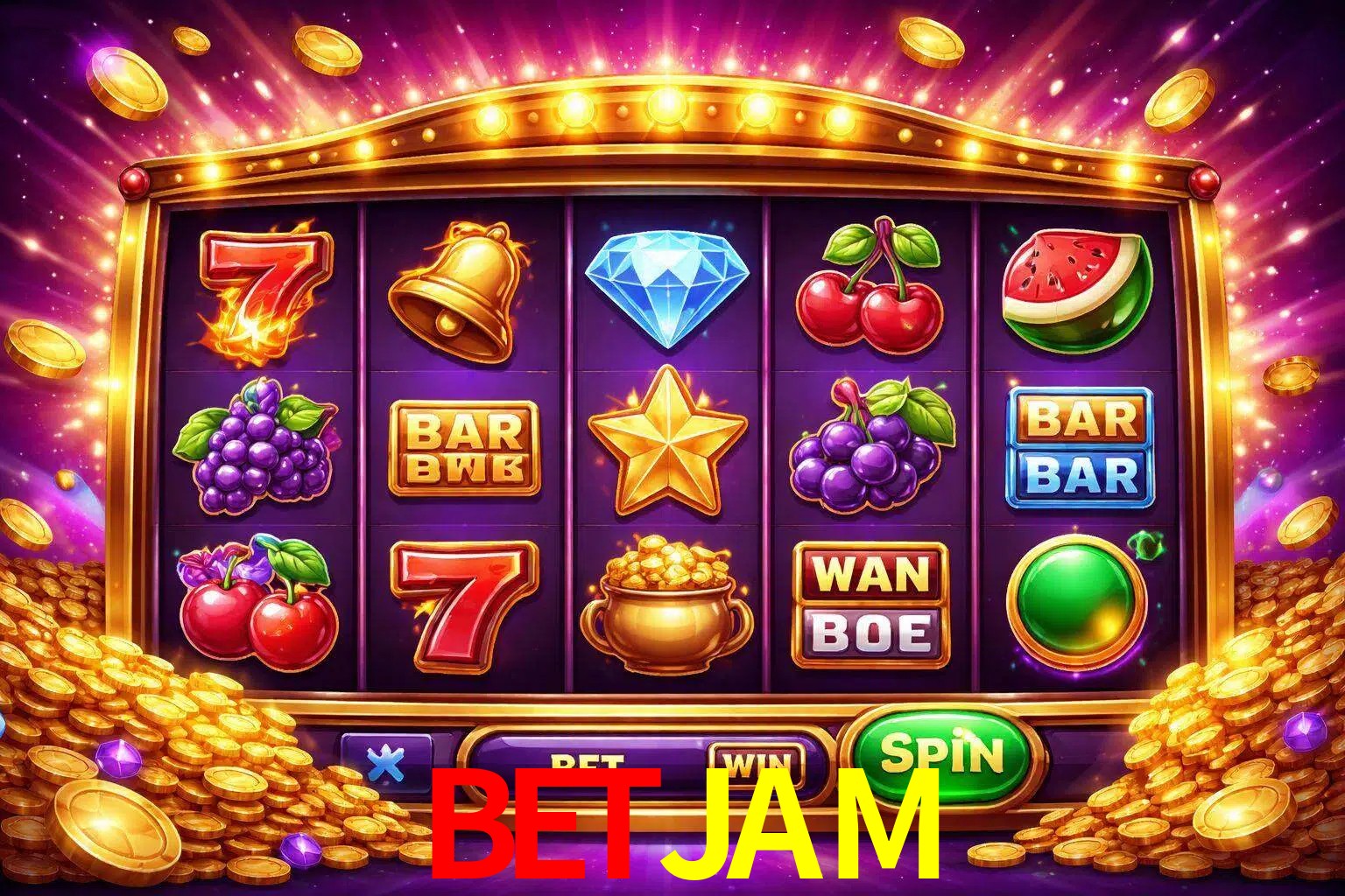 Una interfaz colorida de tragamonedas en línea con símbolos brillantes, monedas y un efecto de victoria celebratoria en BETJAM.