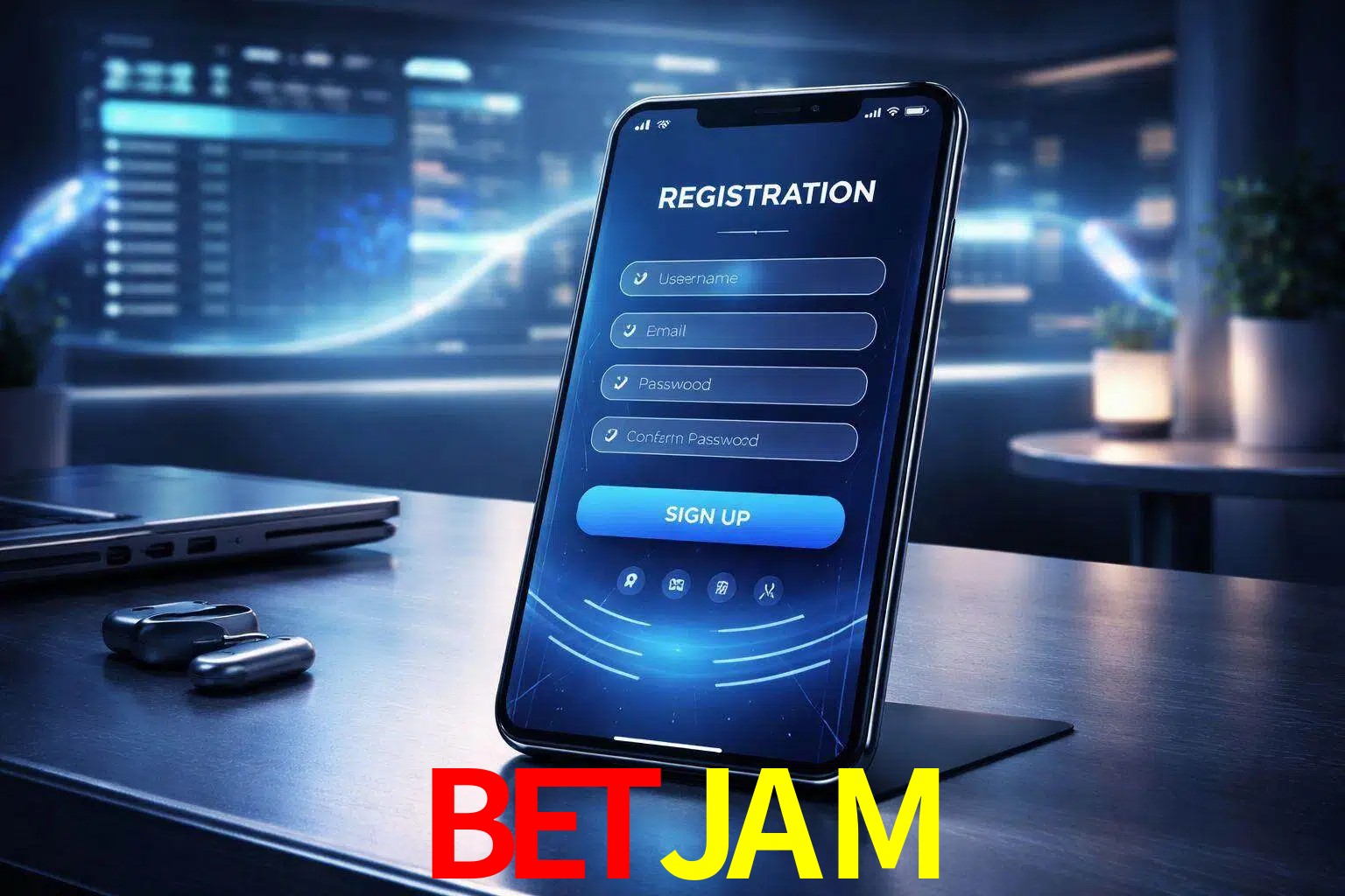 Una interfaz moderna de registro móvil para BETJAM mostrada en un smartphone con un panel de apuestas elegante.